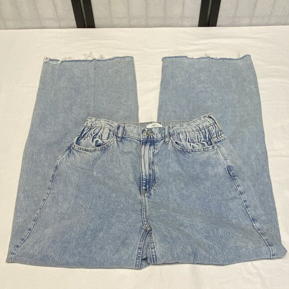 Forever 21 High Rise Gathered Yoke Stretch Faded Wide Baggy Raw Hem Jeans L Long - Picture 7 of 13